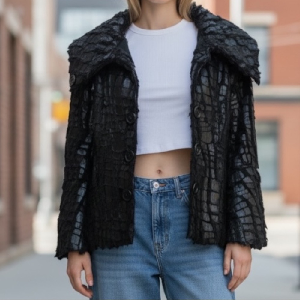 Tricotto Whimsigoth Goth Witchy Streetwear Textured Faux Fur Coat SZ S Black